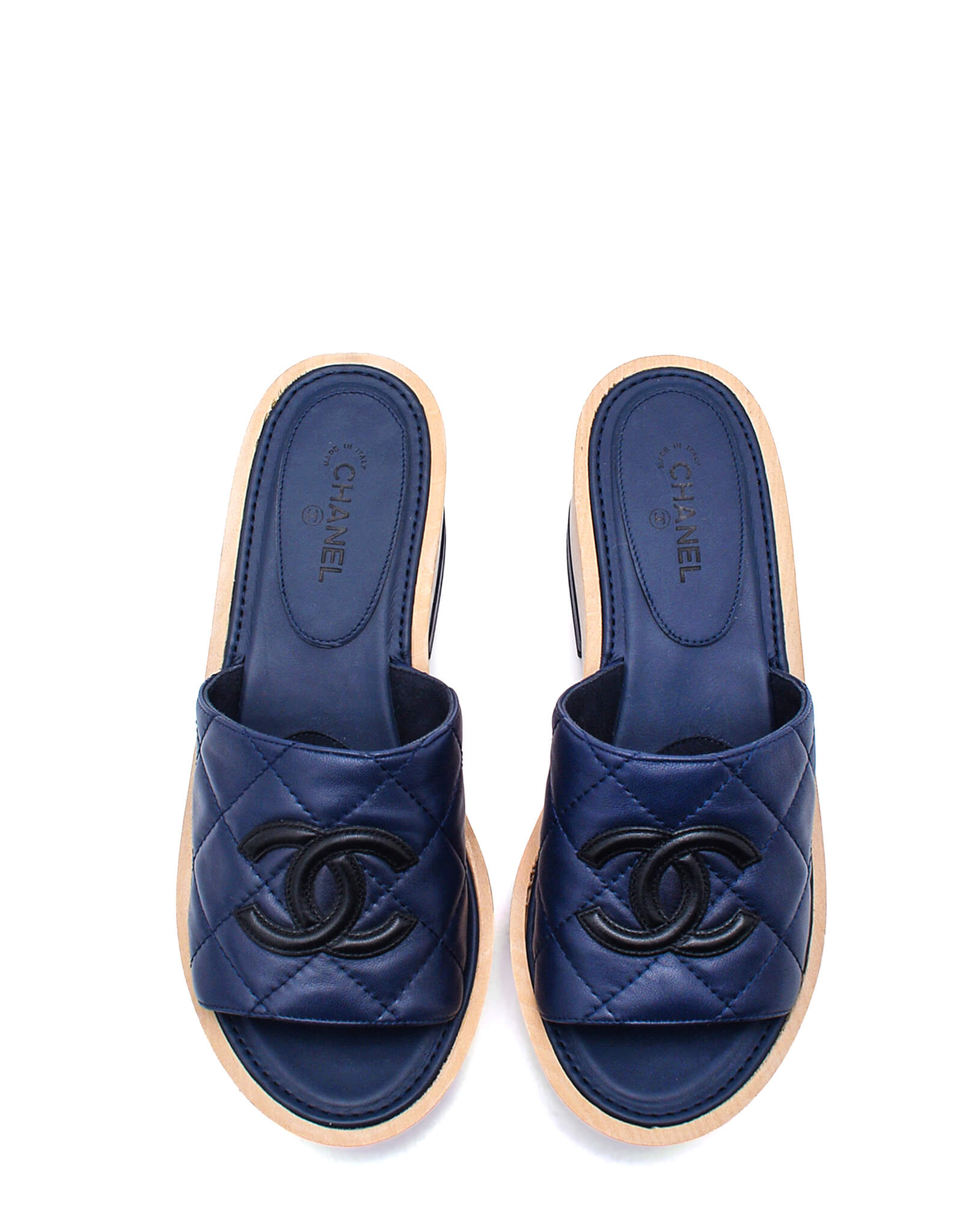 Chanel- Navy Blue Quilted Leather CC Clogs Sandals / 37